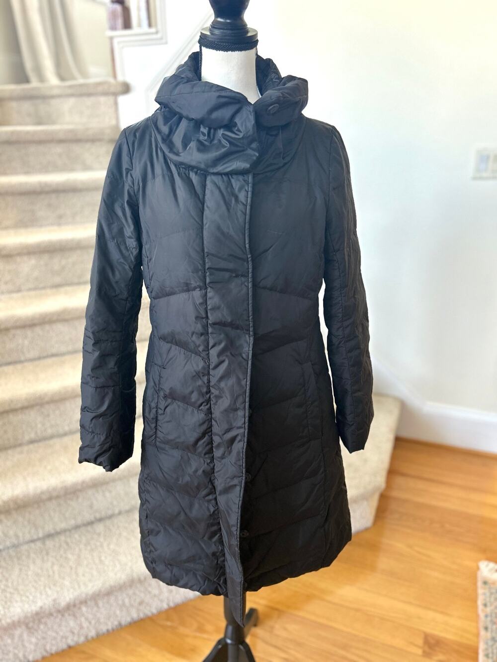 Eileen Fisher Knee Length Down Fill Black Puffer Coat